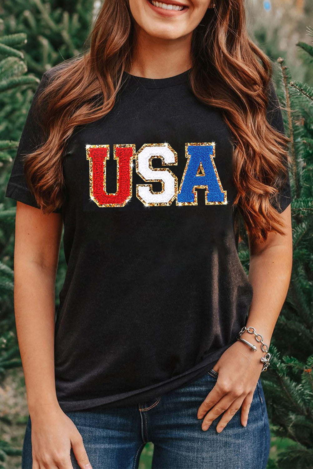 Glitter Trim Chenille Usa Graphic T Shirt | Black