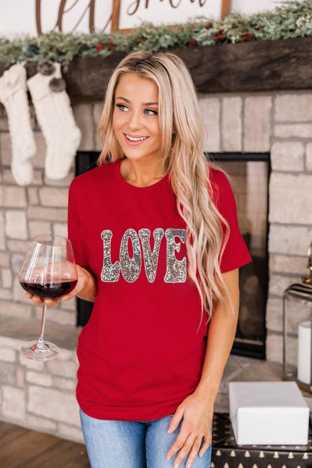 Sequined Love Letter Valentines T-Shirt | Red