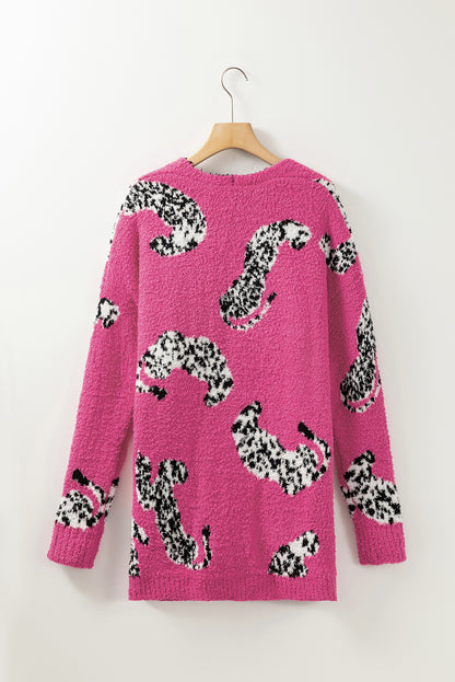 Cheetah Pattern Open Front Knitted Cardigan | Rose Red