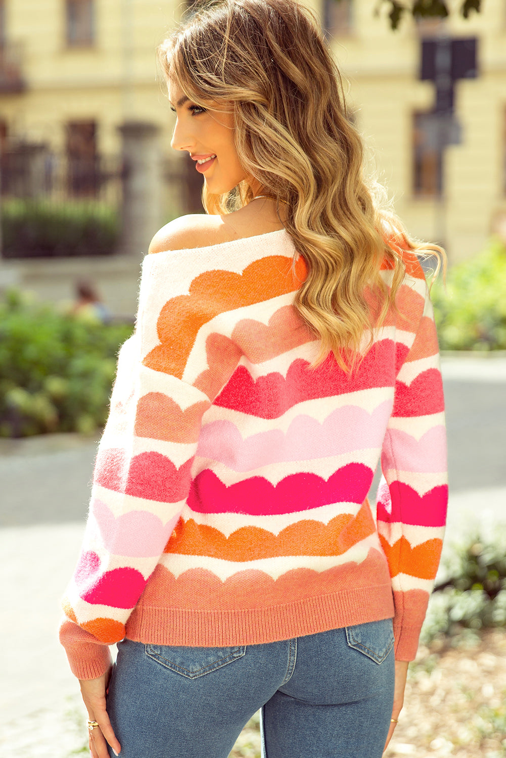 Wave Striped Balloon Sleeve Drop Shoulder Sweater | Rose Red