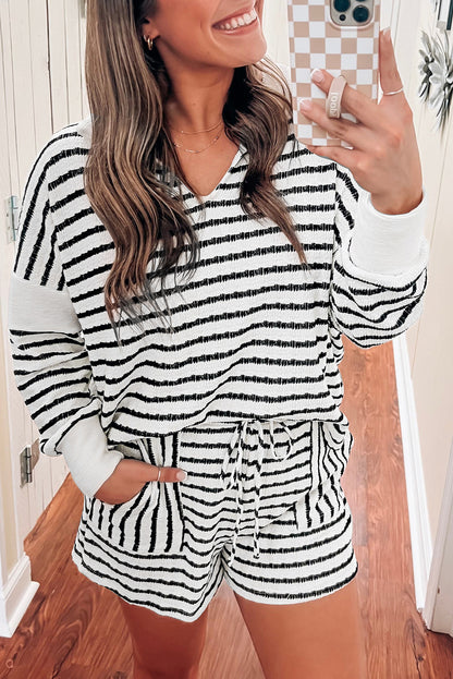 Collared V Neck Long Sleeve Top Plus Shorts Set | Black Stripe