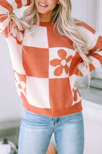 Checkered Floral Print Striped Sleeve Sweater | Brown