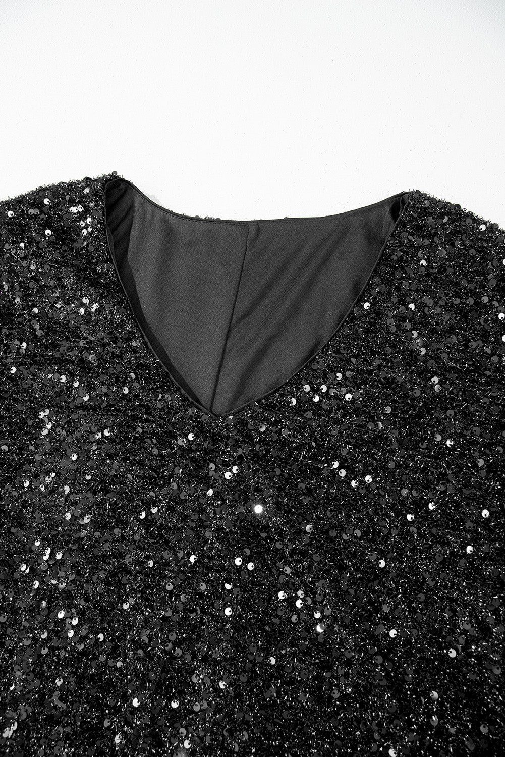 Colour Black Plus Size Bubble Sleeve V Neck Sequin Dress | Colour black