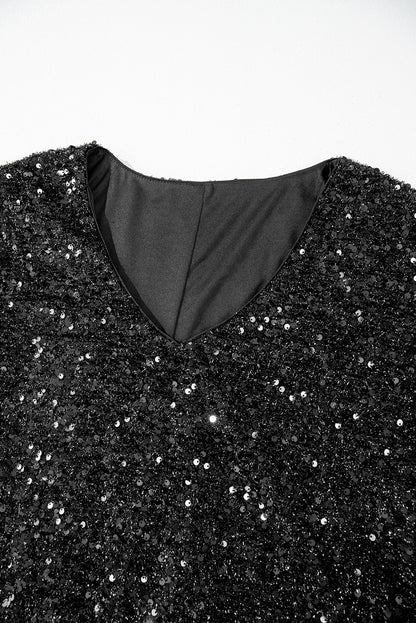 Colour Black Plus Size Bubble Sleeve V Neck Sequin Dress | Colour black