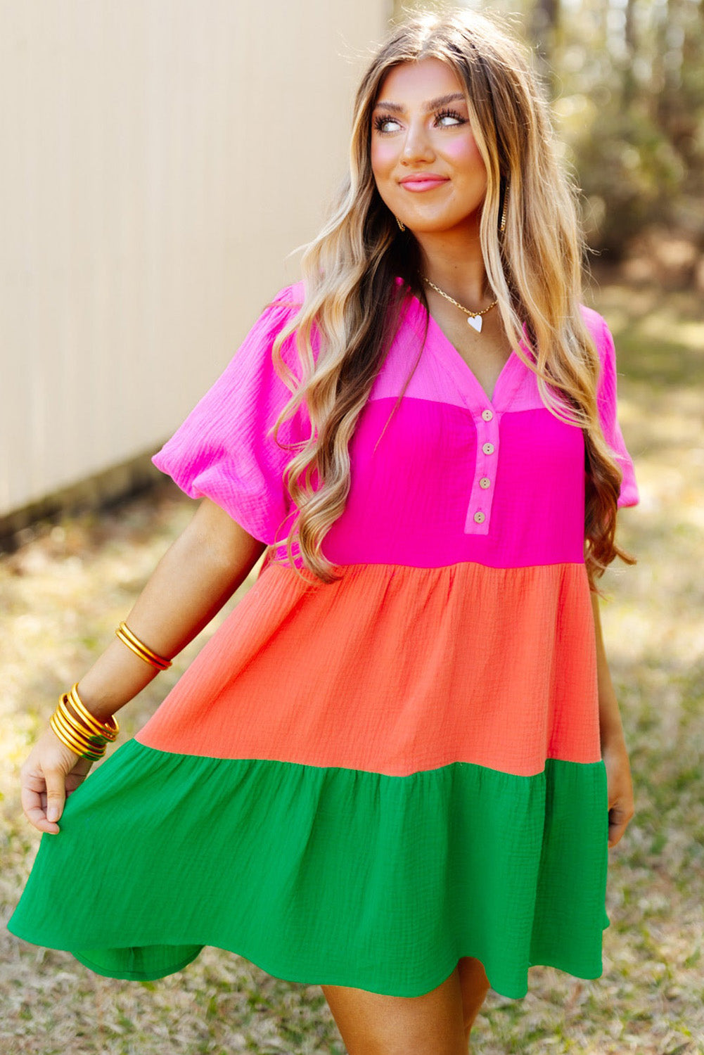 Colour Block Tiered Puff Sleeve Dress | Multicolour