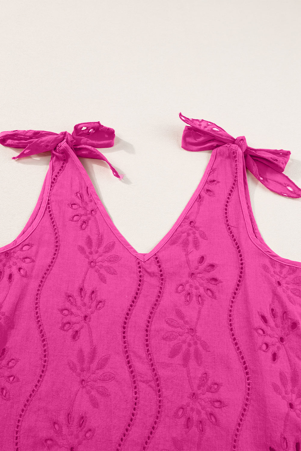 Embroidery Patterned Knotted Straps V Neck Tank Top | Rose Red