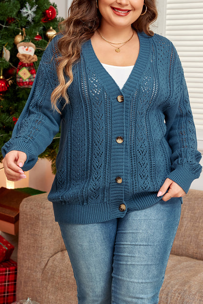 Open Knit V Neck Button Front Drop Shoulder Plus Size Cardigan | Real Teal