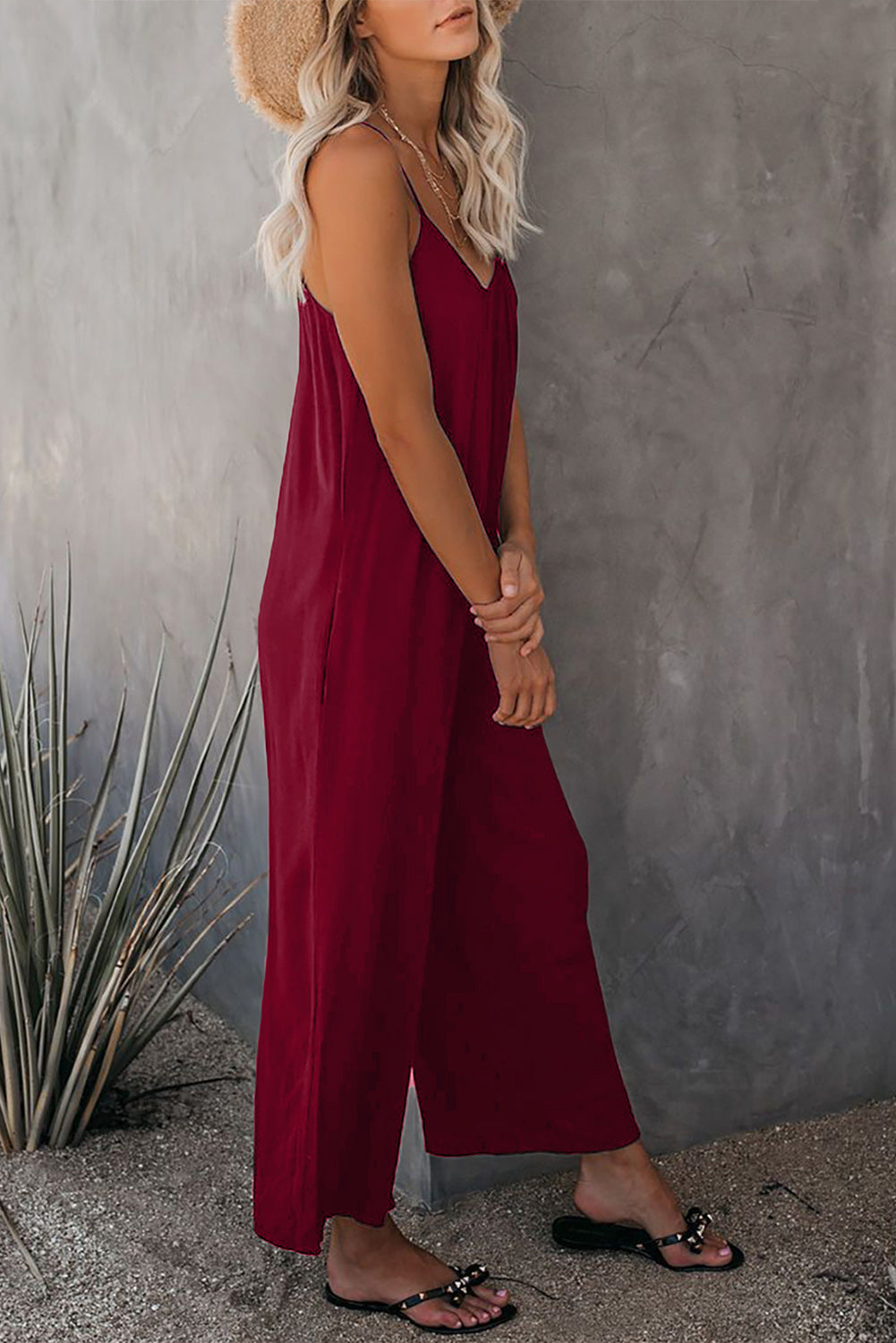 Fiery  Spaghetti Straps Wide Leg Pocketed Jumpsuits | Red