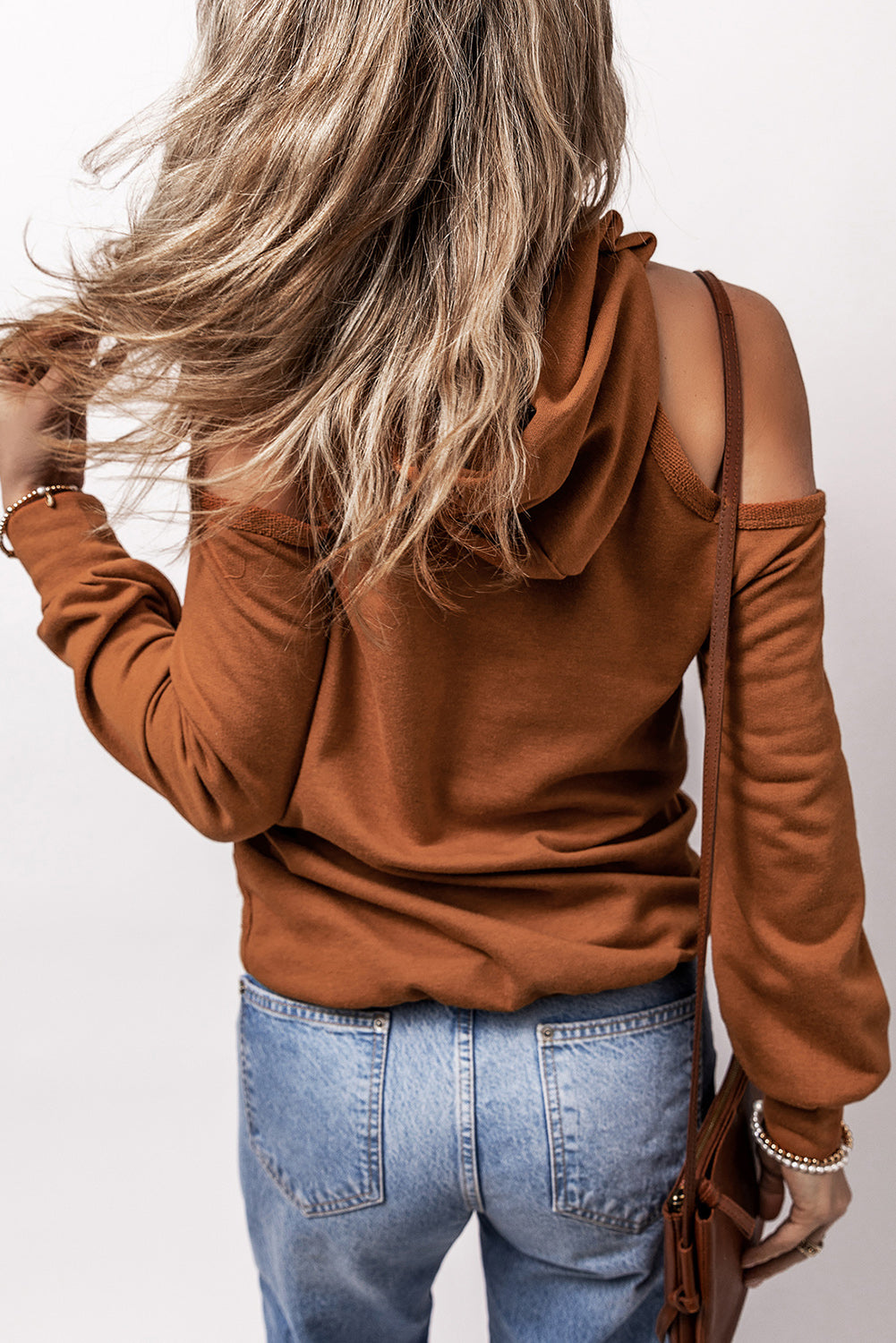 Exposed Seam Cold Shoulder Drawstring Hoodie | Cinnamon