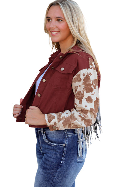 Fiery  Abstract Print Sleeve Back Fringed Cropped Denim Jacket | Red