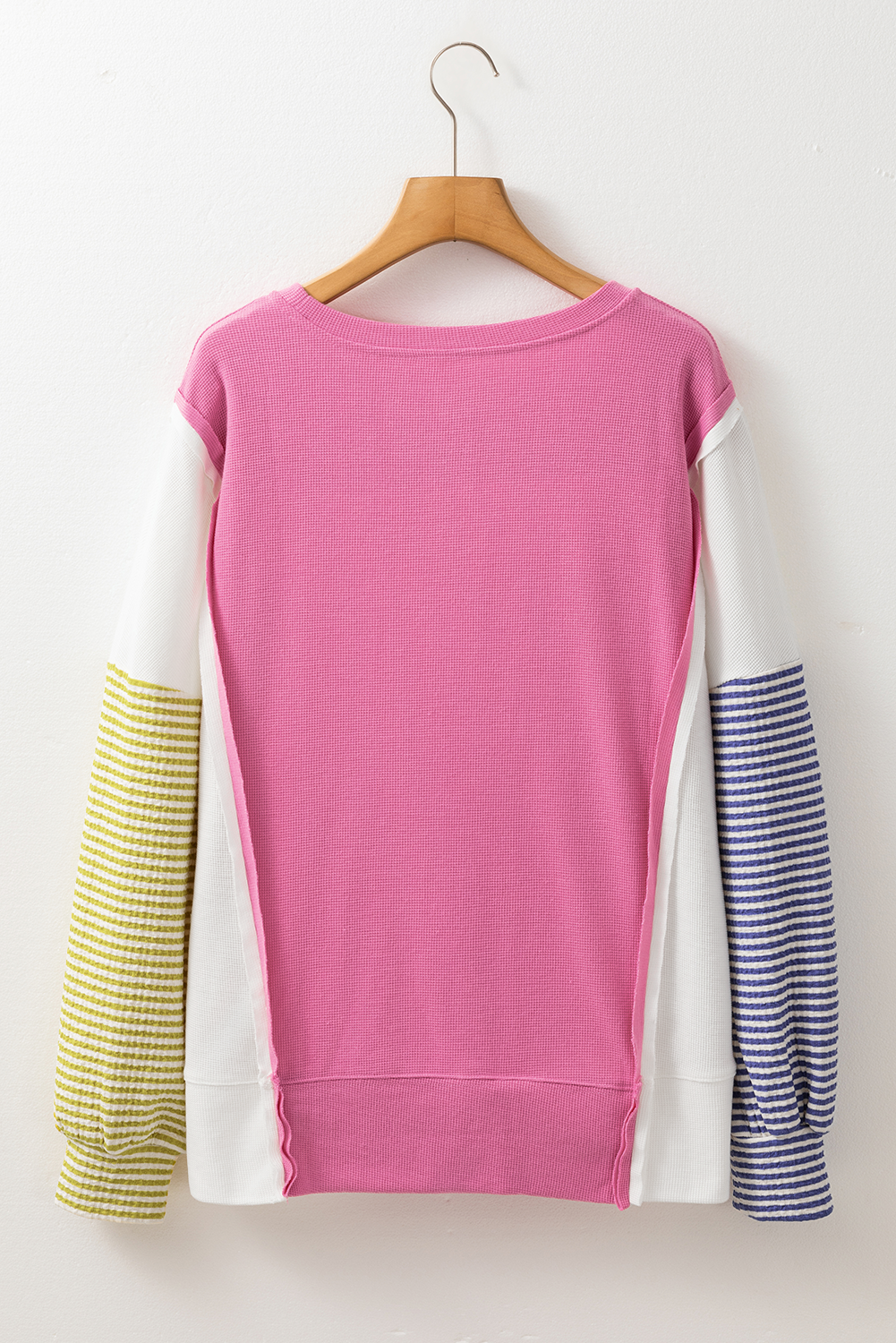 Exposed Seam Striped Colour Block Patchwork Long Sleeve Top | Sachet Pink