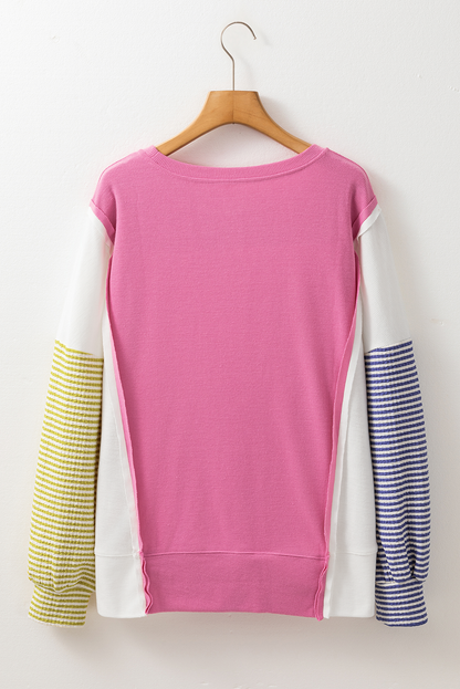 Exposed Seam Striped Colour Block Patchwork Long Sleeve Top | Sachet Pink