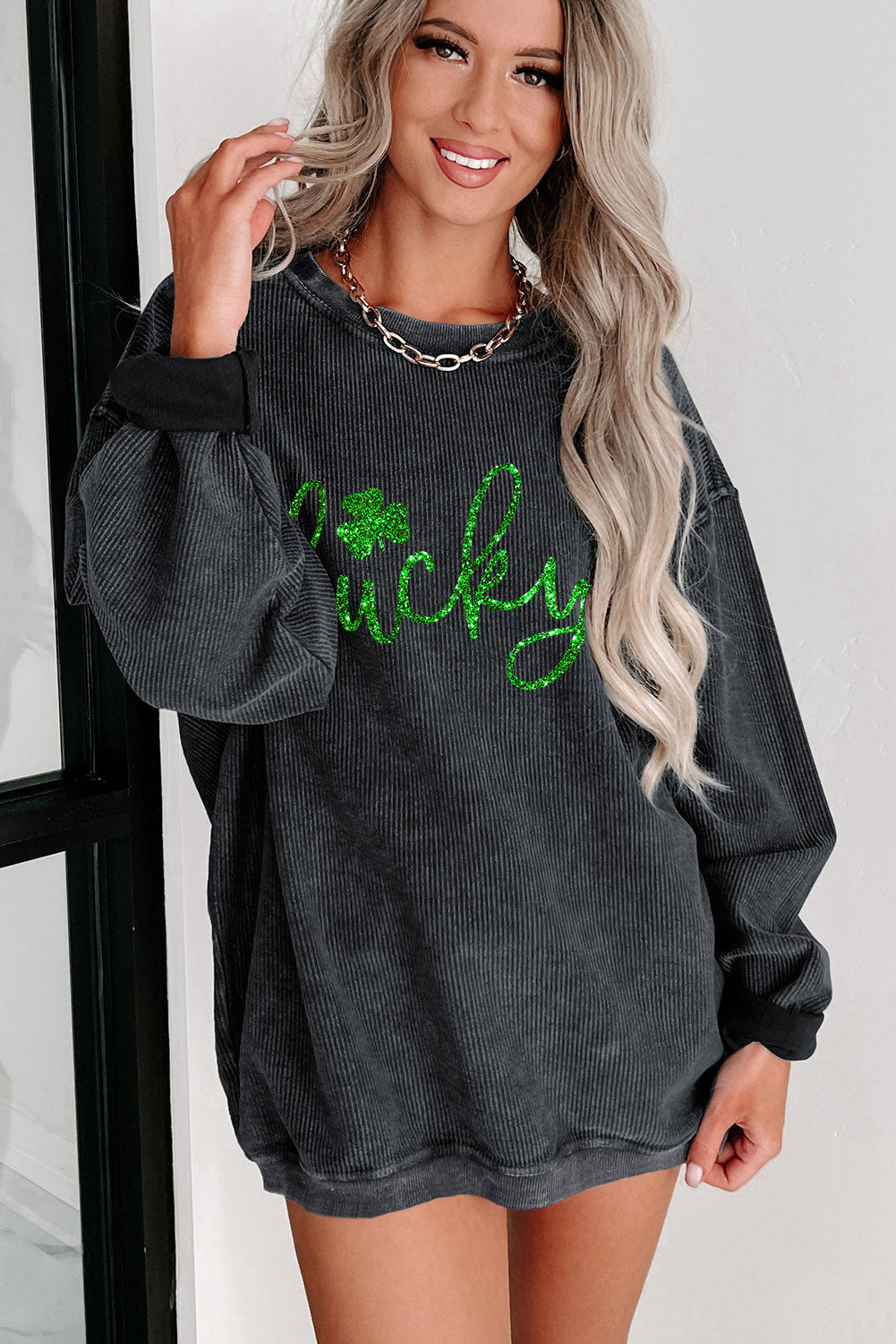 Shiny Lucky Clover Corded Drop Shoulder Sweatshirt | Black