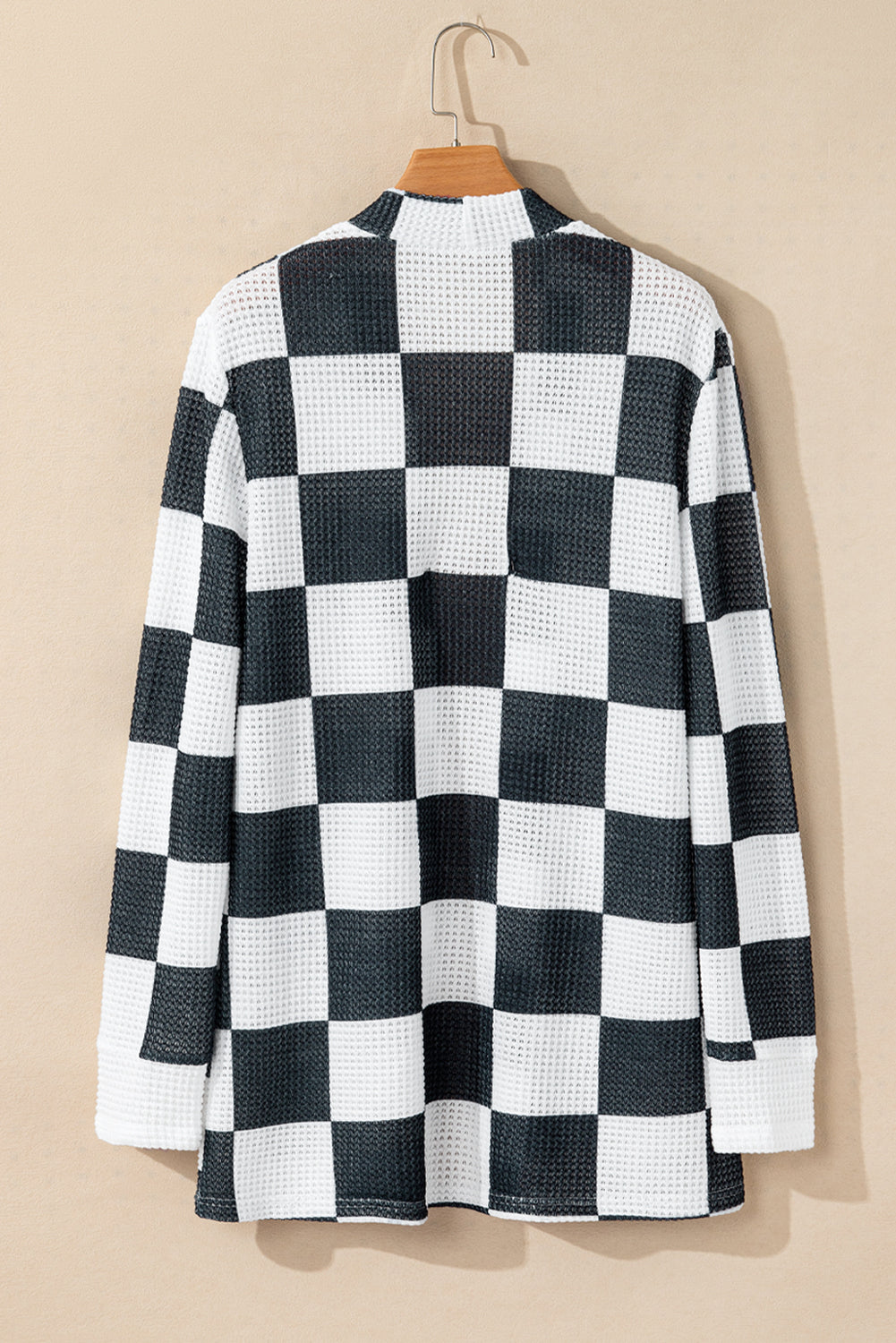 Checkered Waffle Knit Thumbhole Open Front Cardigan | Black