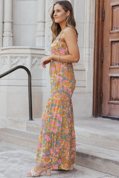 Adjustable Straps Floral Tiered Wide Leg Jumpsuit | Sky Blue