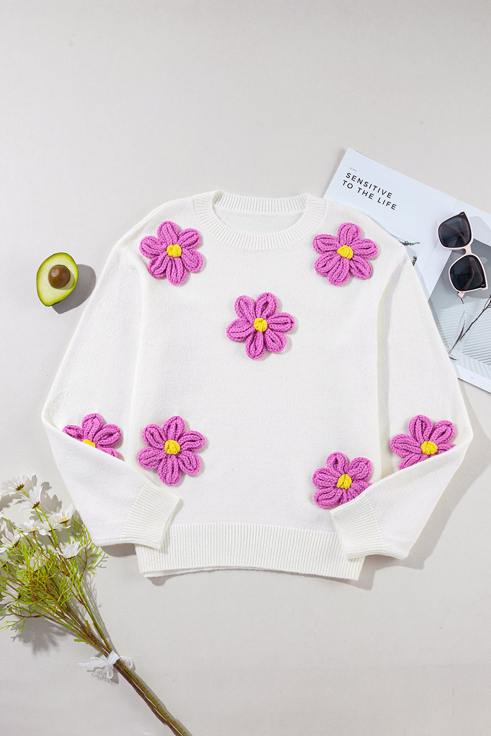 Floral Crochet Chunky Knit Sweater | White