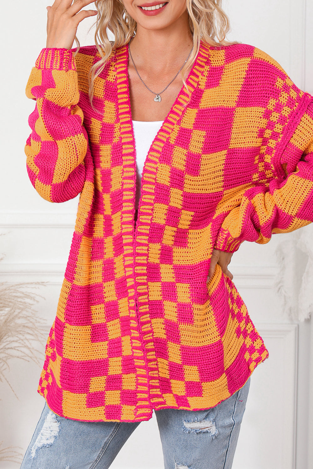 Open Front Mixed Checkered Pattern Knit Cardigan | Multicolour