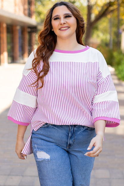 Patchwork Bracelet Sleeve Plus Size T Shirt | Pink Stripe