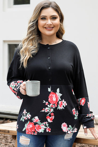 Plus Size Floral Printed Splicing Half Button Top | Black