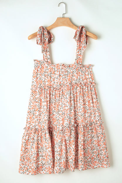 Rose Floral Knotted Straps Tiered Babydoll Dress | Orange