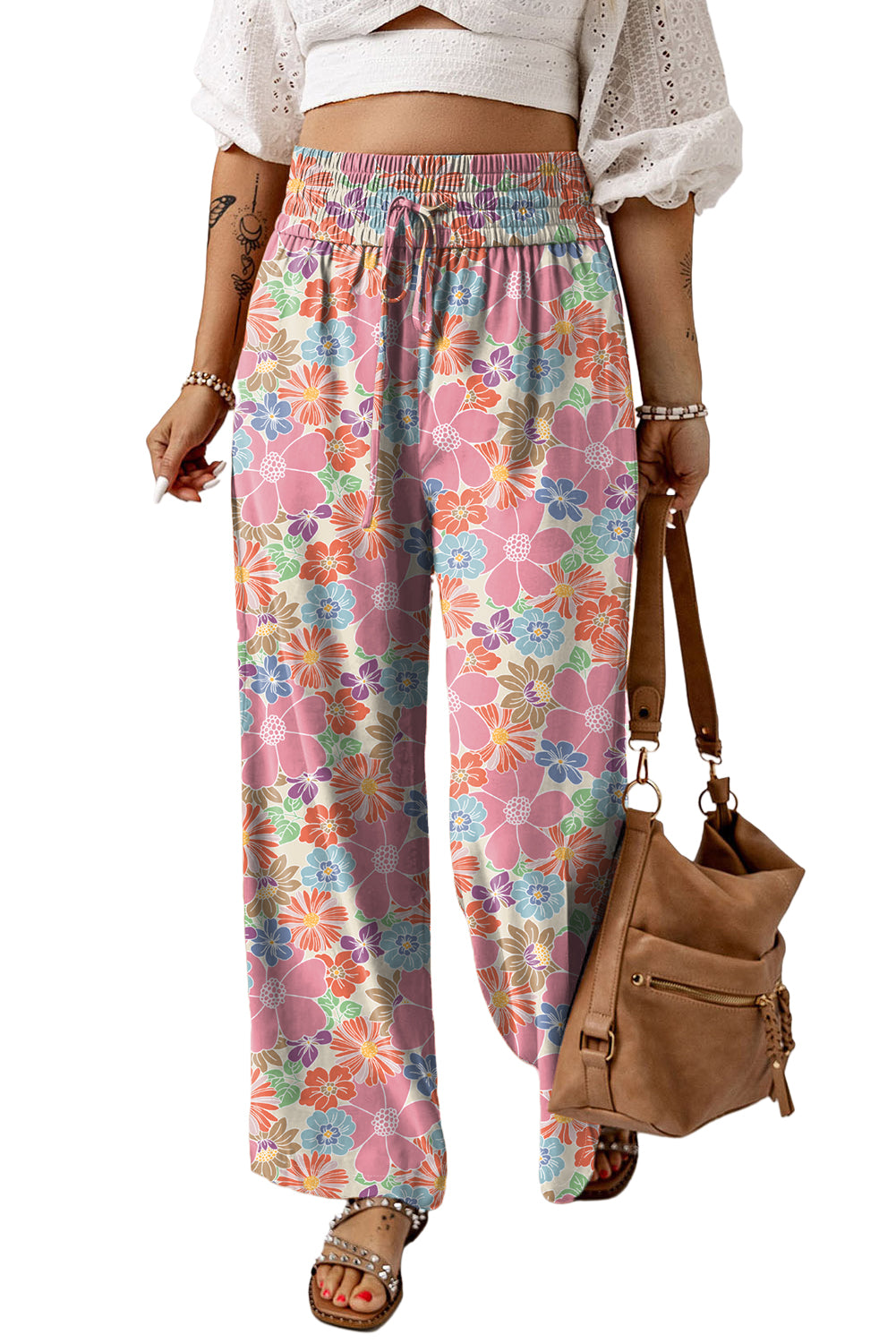 Floral Smocked Waist Loose Pants | Pink