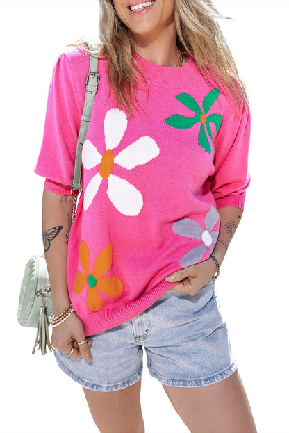 Floral Bubble Short Sleeve Sweater | Bright Pink