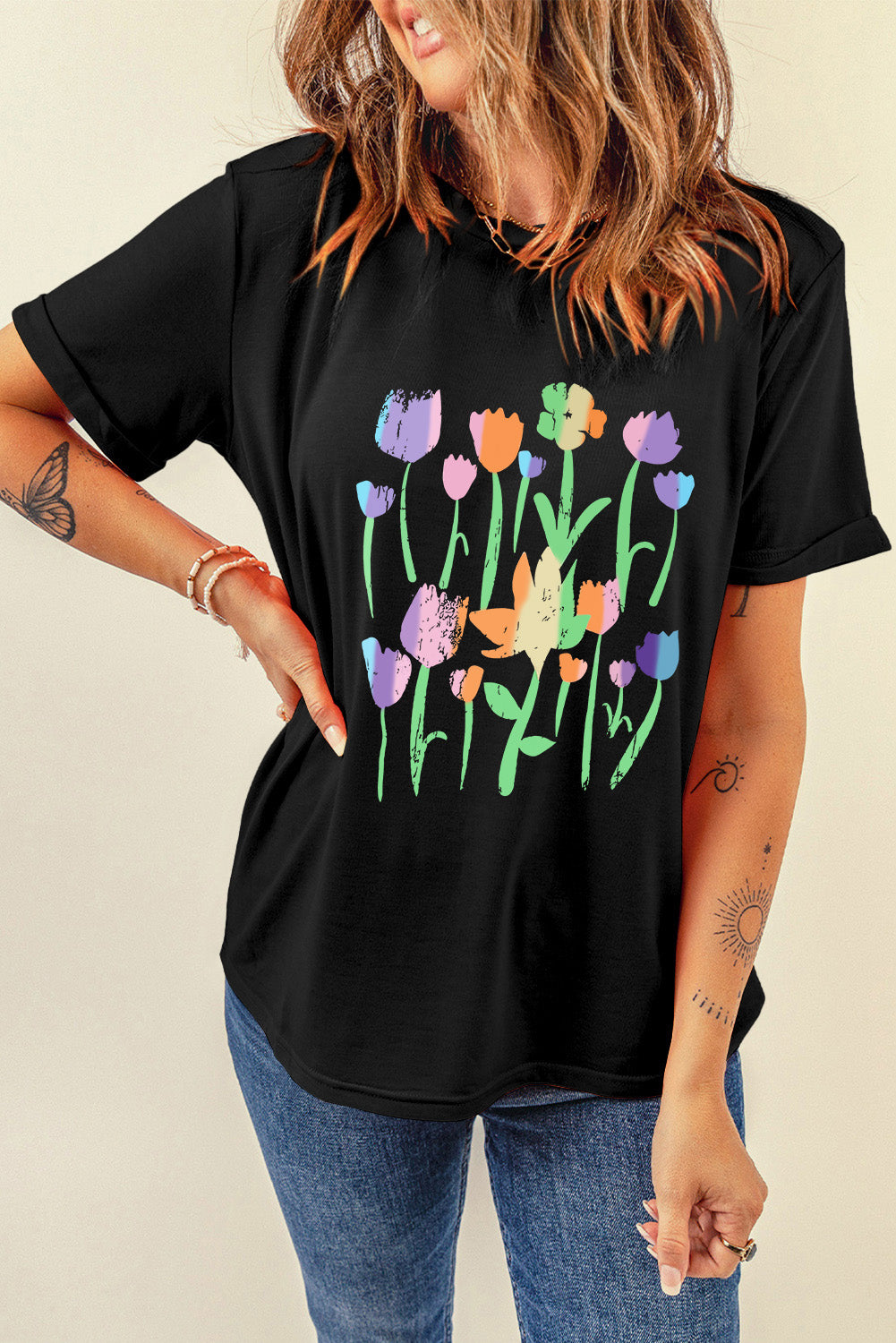 Floral Print Crewneck T Shirt | Black