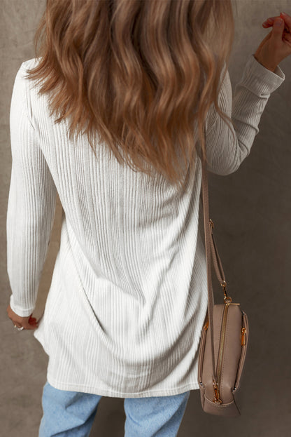 Solid Colour Ribbed Button Up Tunic Cardigan | White