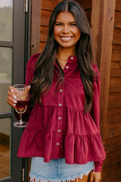 Corduroy Ruffle Tiered Buttoned O Neck Shirt | Burgundy