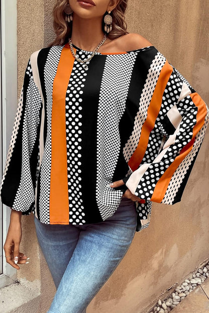 Polka Dot Vertical Striped Printed Puff Sleeve Blouse | Orange