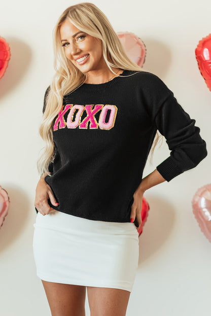 Black Xoxo Glitter Print Round Neck Casual Sweater | Colour black