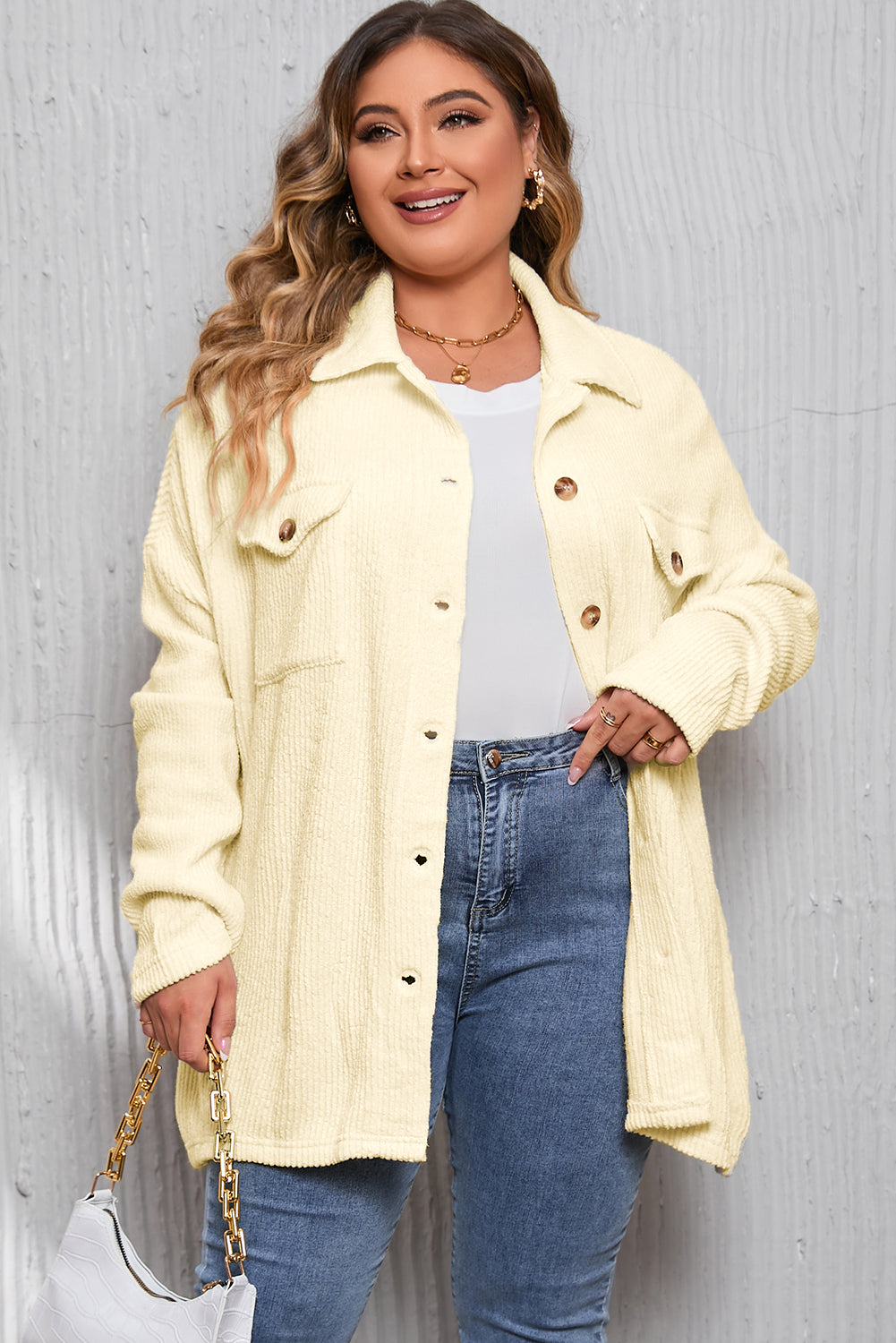 Beige Plus Size Ribbed Flap Pocket Collared Knit Jacket