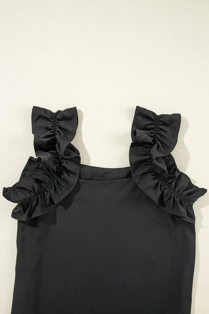 Solid Ruffle Trim Sleeveless Top | Black