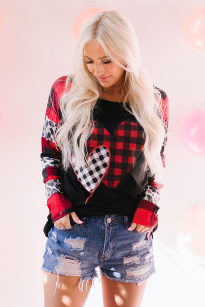 Valentines Heart Print Plaid Leopard Joint Sleeve Blouse | Black