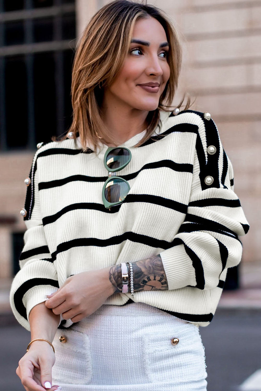 Buttoned Decor Sweater | Stripe