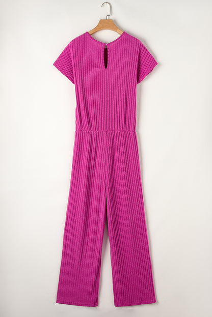 Solid Colour Ribbed Short Sleeve Wide Leg Jumpsuit | Rose Red