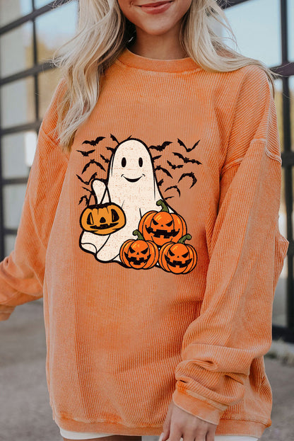 Halloween Ghost Pumpkin Bat Print Corded Pullover Sweatshirt | Orange