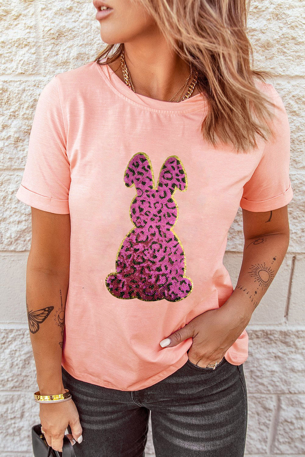 Sequined Leopard Bunny Easter Graphic Tee | Pink