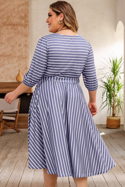 Striped Tie Waist 3/4 Sleeve Plus Size Dress | Gray