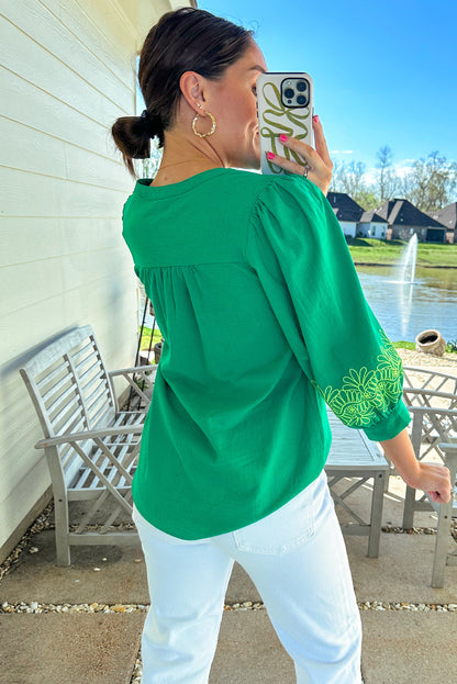 Contrast Floral Embroidered 3/4 Sleeve Notched V Neck Elegant Blouse | Green