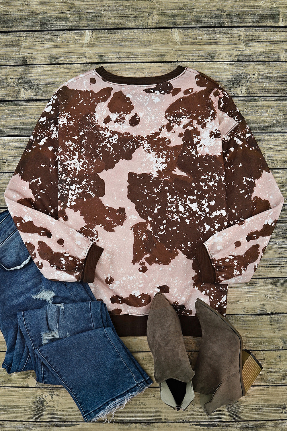 Bleached Tie Dye Leopard Print Long Sleeve Top | Brown