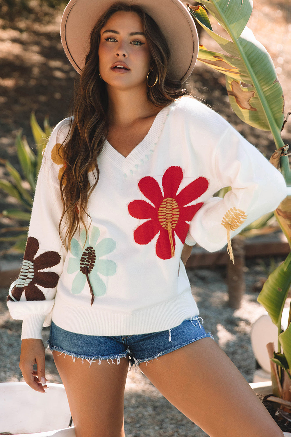 Big Flower Pattern V Neck Drop Shoulder Sweater | White