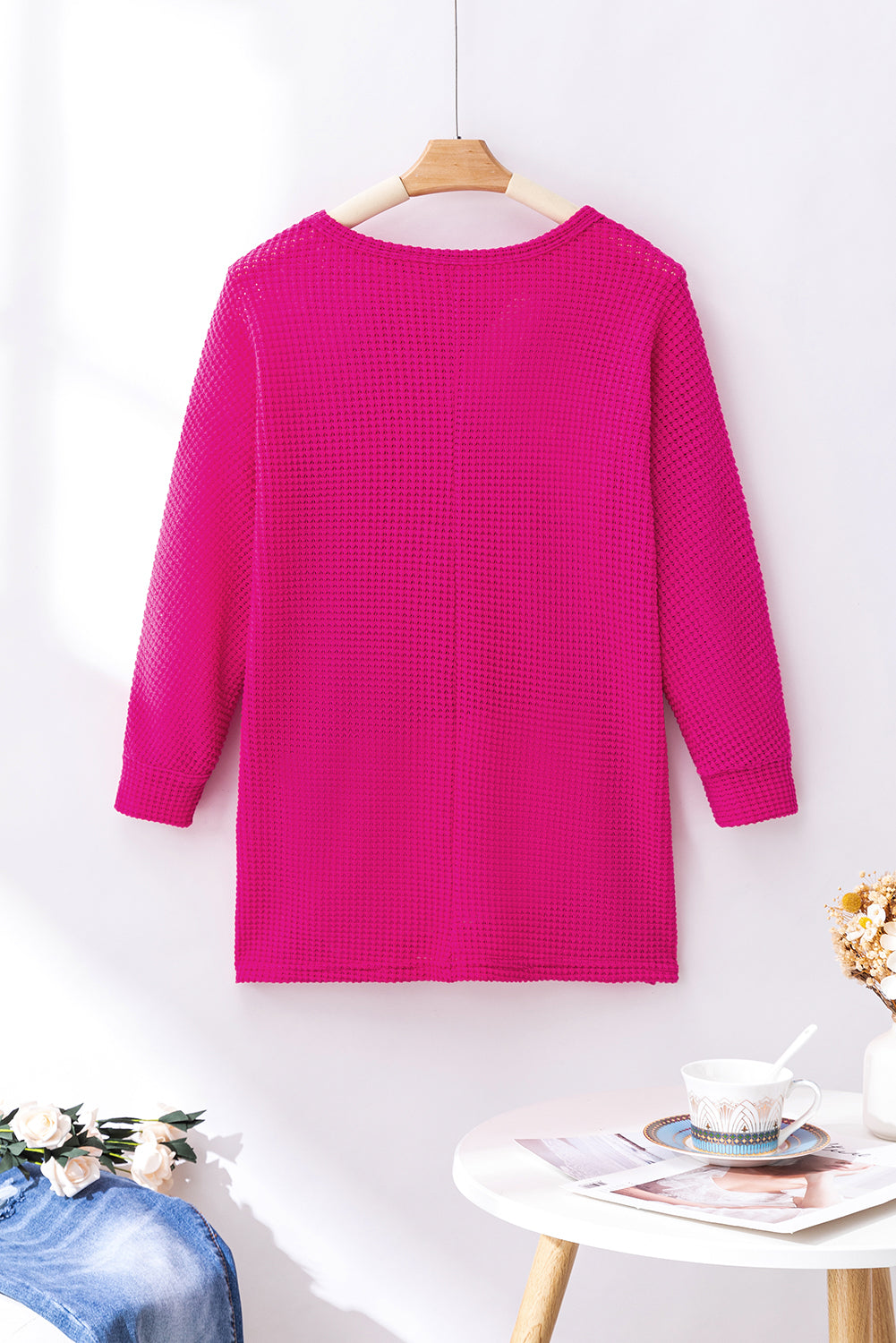 Textured Center Seam Long Sleeve Split Top | Rose Red