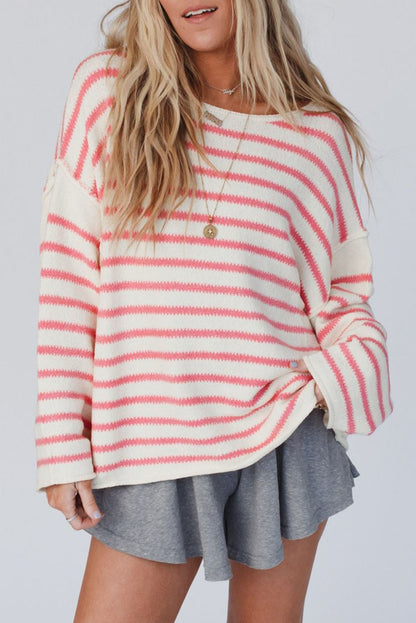 Pink Striped Drop Shoulder Oversized Sweater