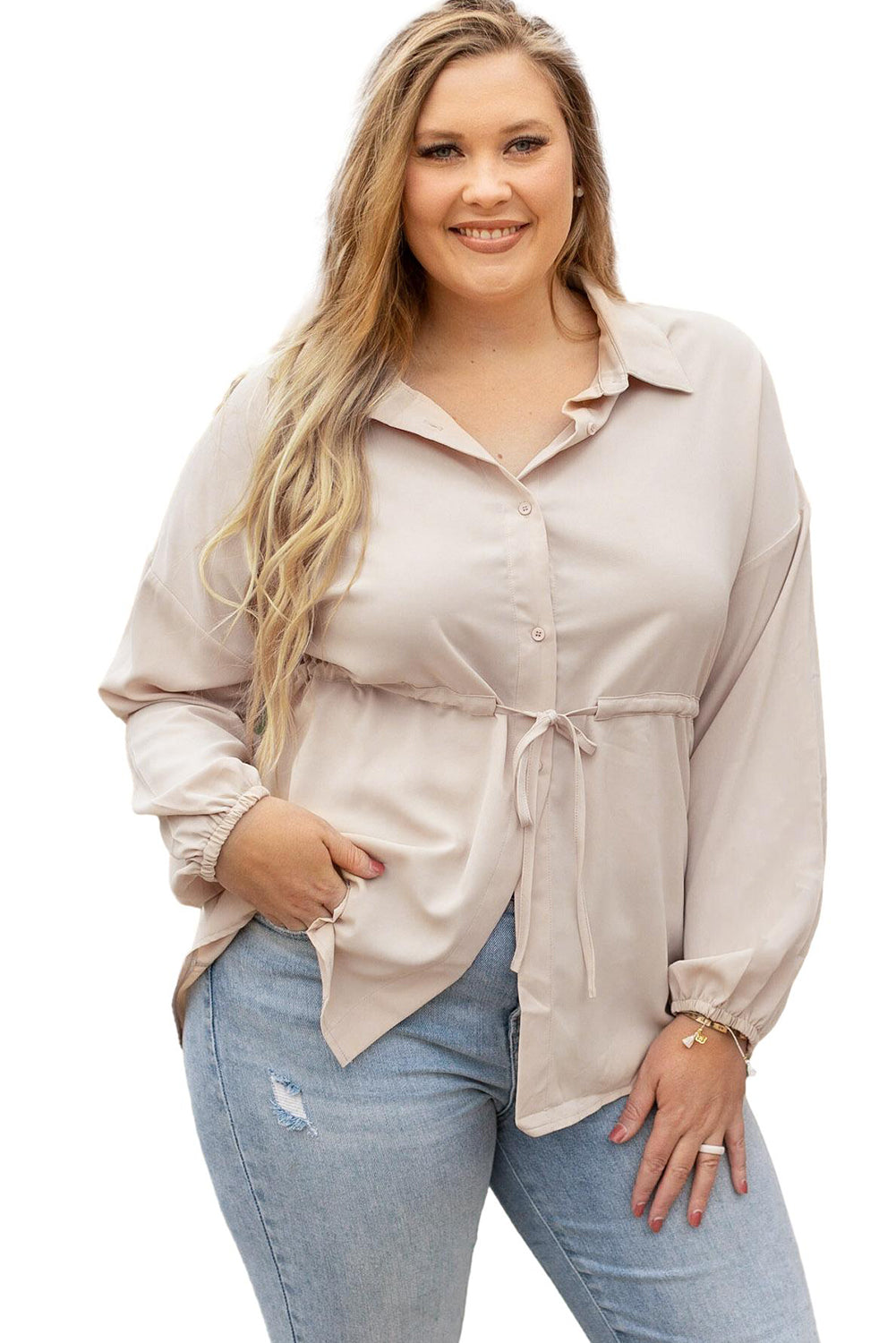 Light French Beige Plus Size Puff Sleeve Tied Tunic Shirt | Flaxen