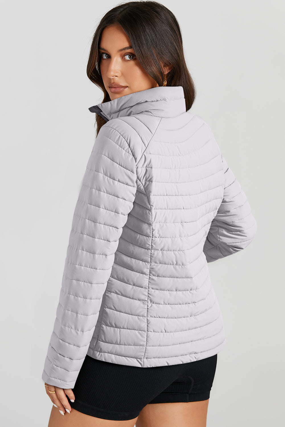 Solid Colour Quilted Zip-Up Puffer Jacket | Silvery