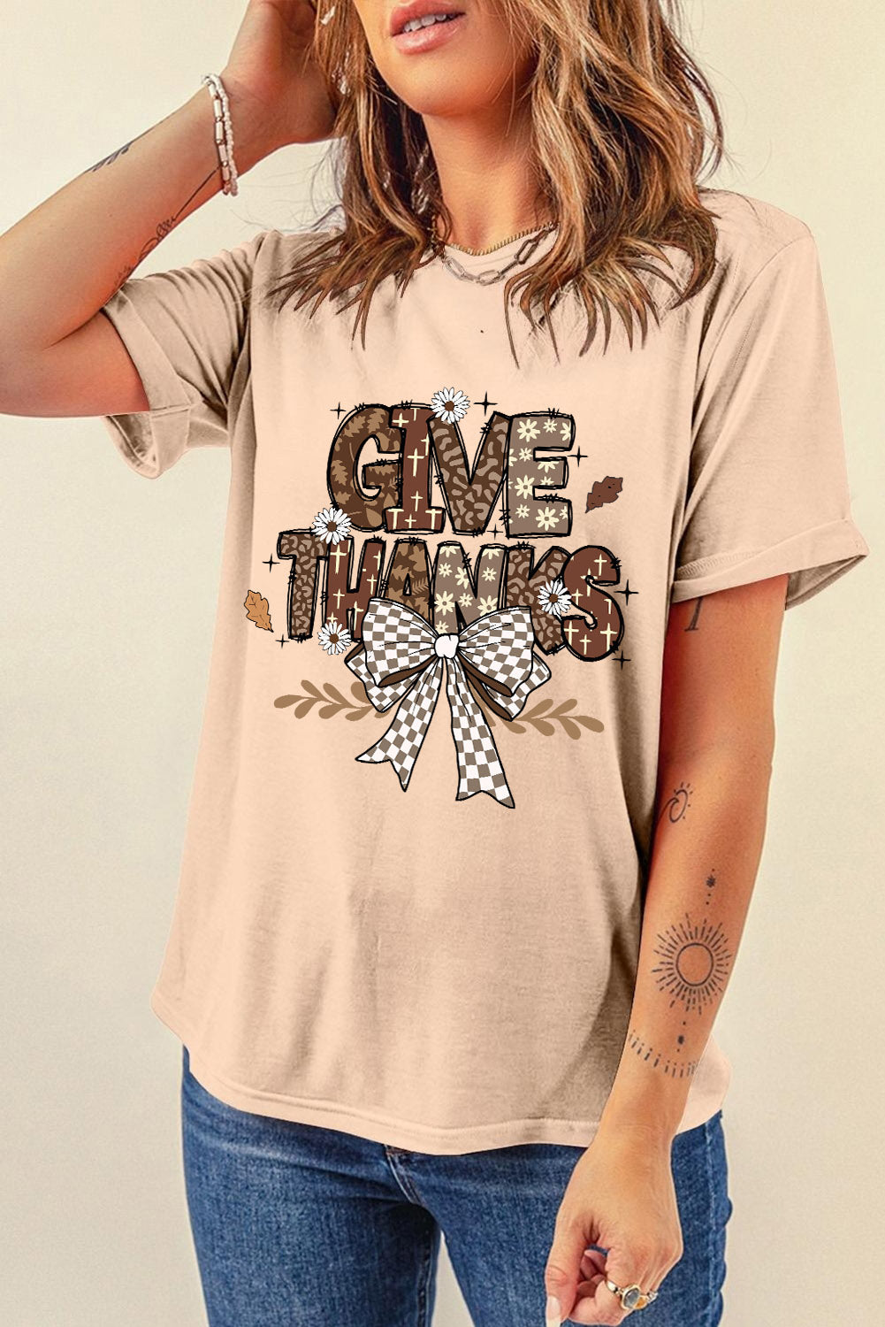 Give Thanks Bowknot Printed Crewneck T Shirt | Khaki