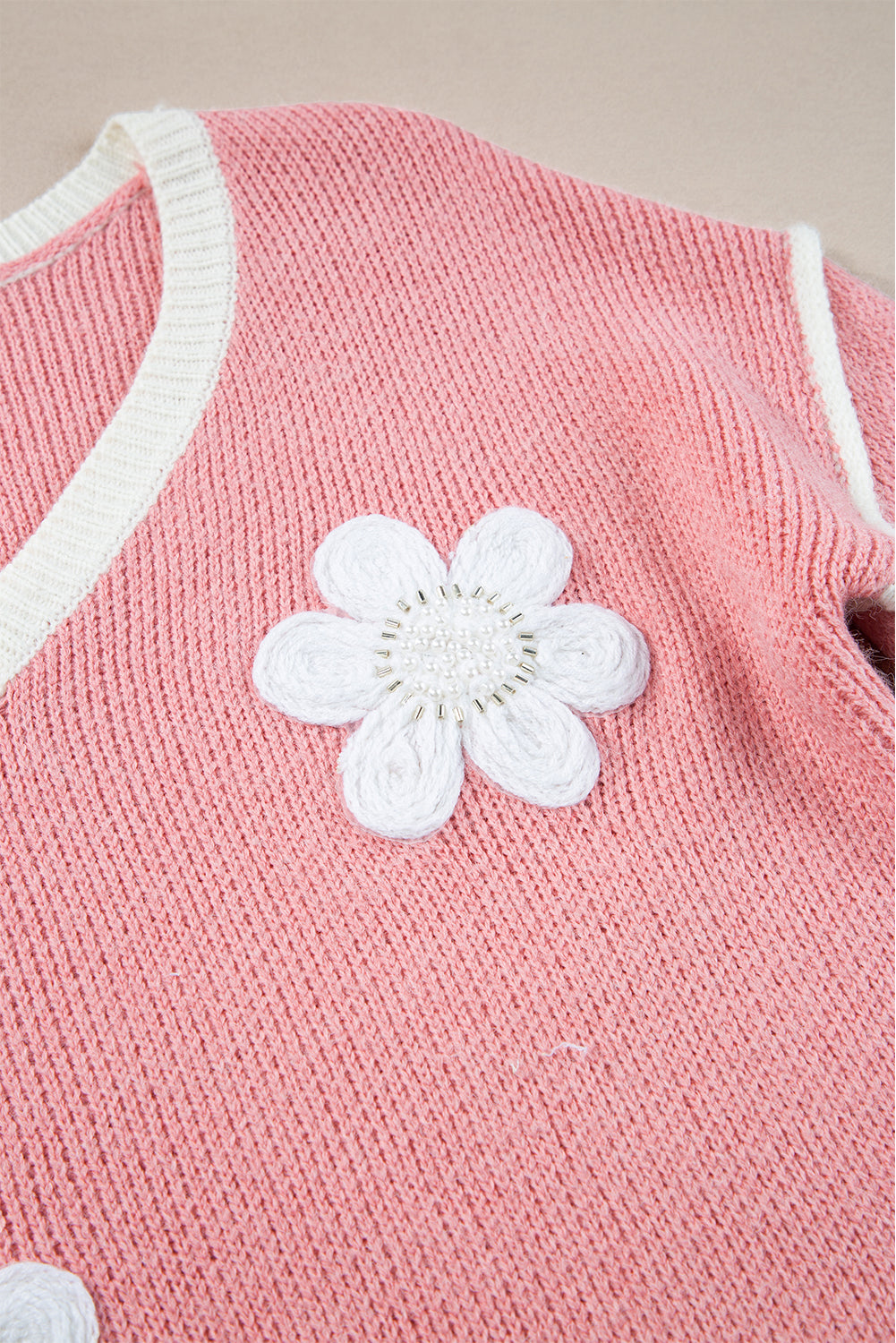 Flower V Neck Dropped Shoulder Sweater | Pink