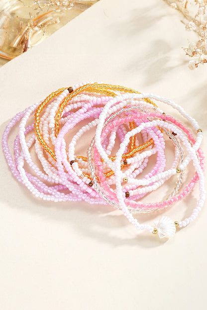 Bohemian Beaded Shell Ornament Bracelet Set | Light Pink