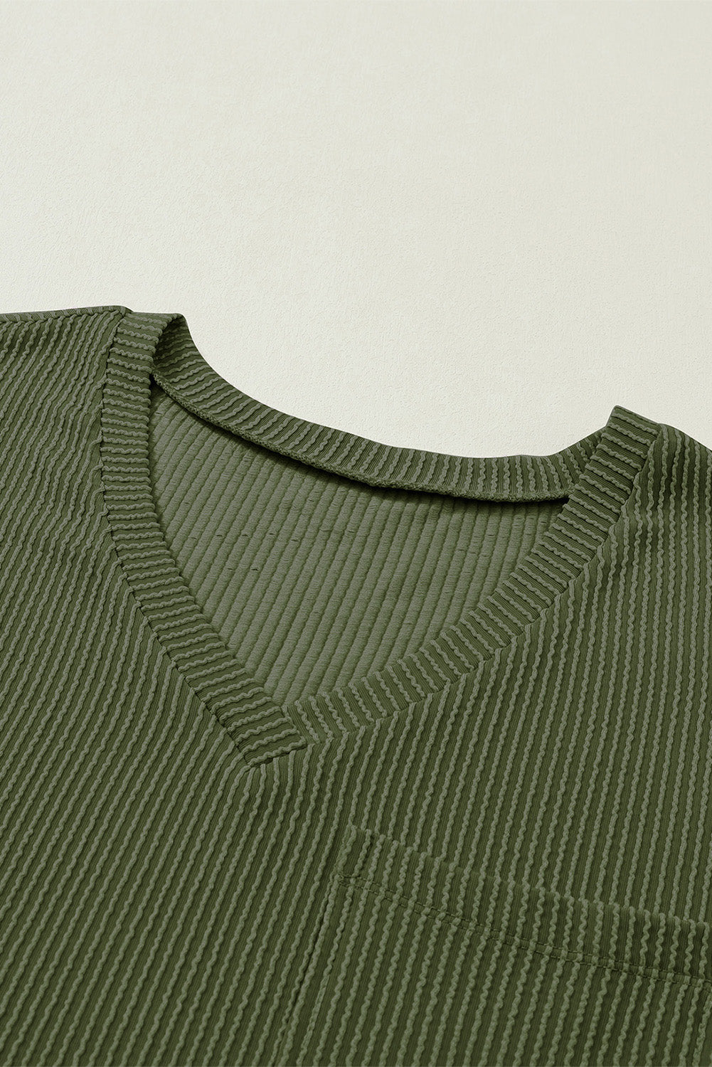 Corded V Neck Chest Pocket Loose T-Shirt | Jungle Green